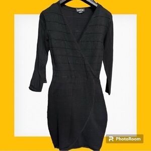 Bebe Black Ribbed Faux Wrap V Neck Mini Dress Small